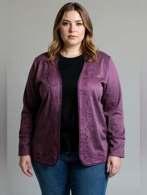 Dressbarn Plum Embroidered Open-Front Jacket